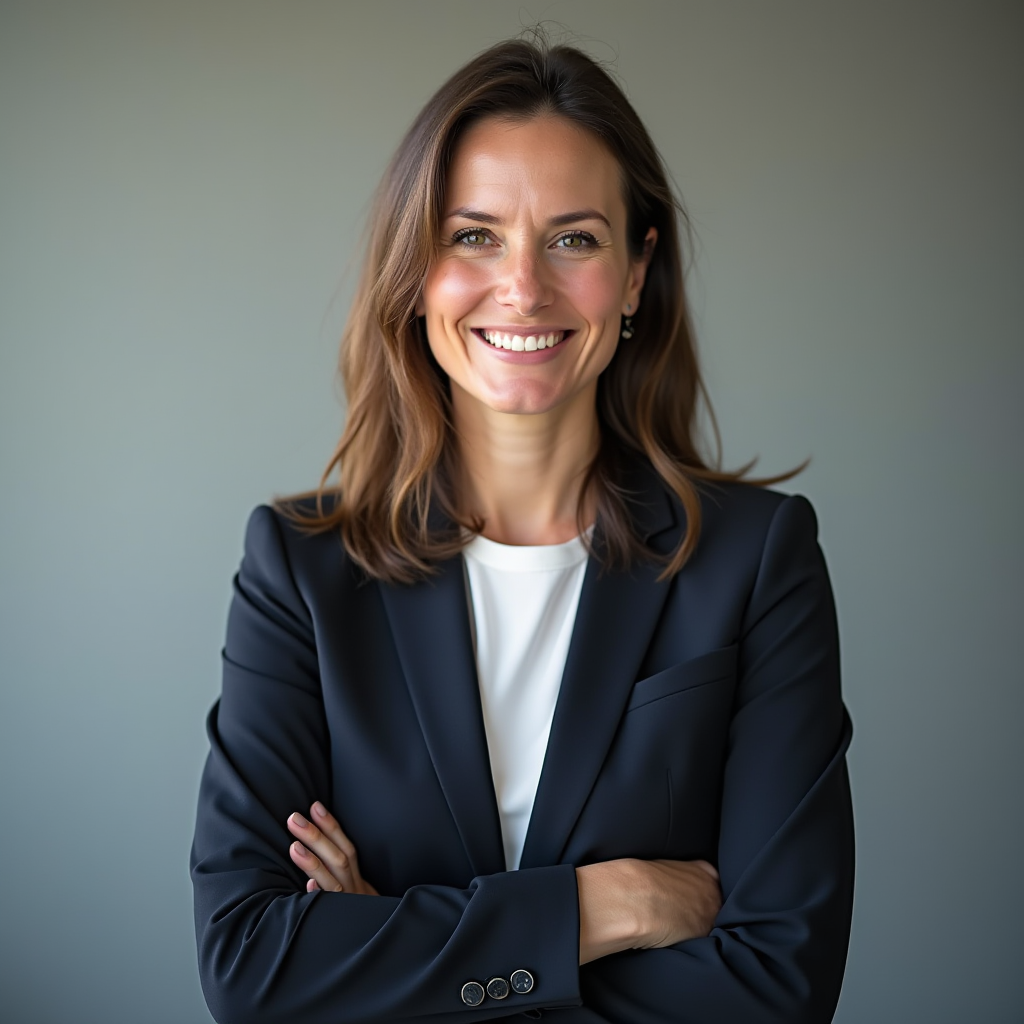 Professionelles Porträtfoto von Elena Volkova, Senior Investment Strategist bei 7orca, in formeller Geschäftskleidung vor neutralem Hintergrund, selbstbewusstes Lächeln, moderne Büroatmosphäre