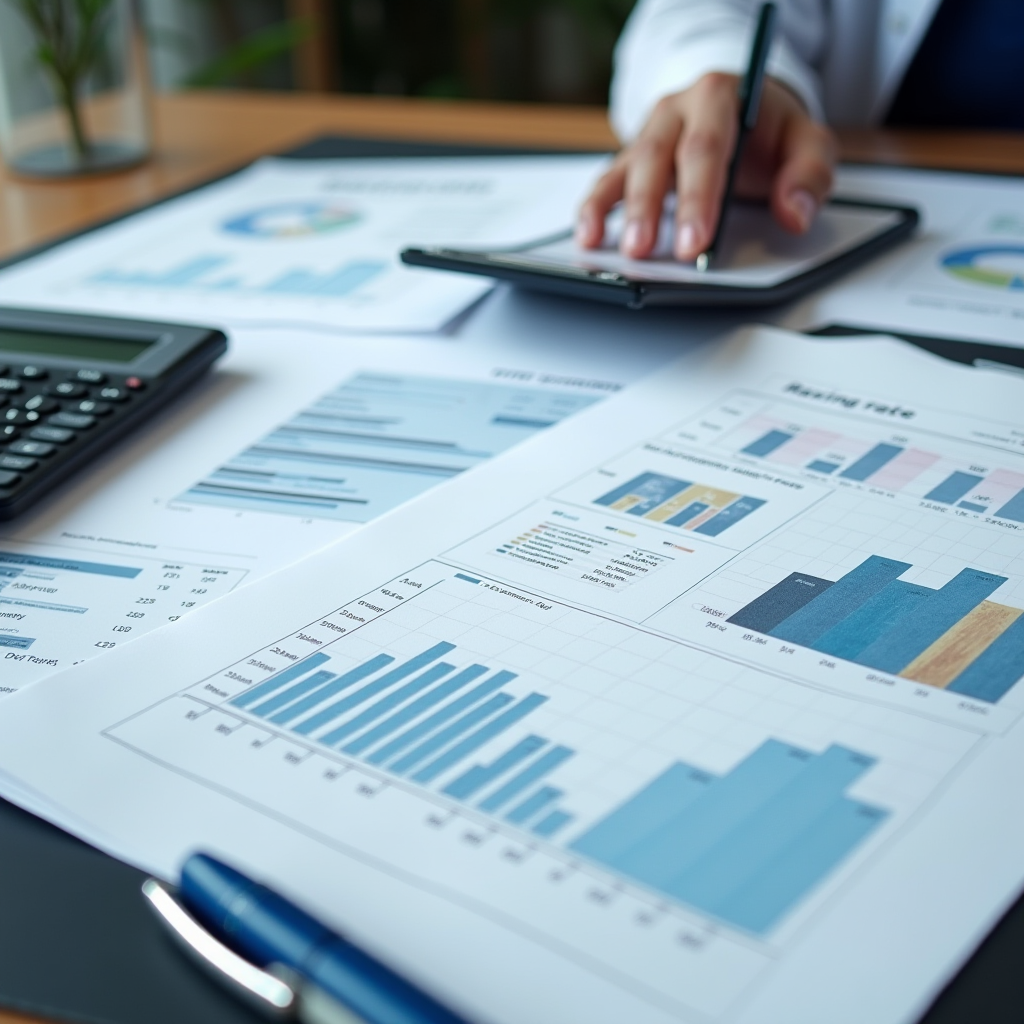 Professionelle Finanzanalyse mit detaillierten Diagrammen und Grafiken auf einem modernen Schreibtisch, zeigt Refinanzierungsberechnungen, Zinsvergleiche und Sparprognosen mit Taschenrechner und Dokumenten