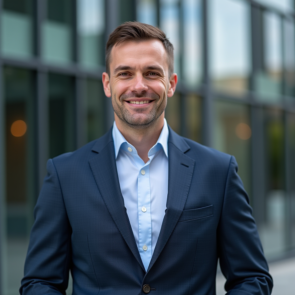 Professionelles Geschäftsporträt von Dmitry Sokolov, Chief Financial Advisor bei 7orca, in elegantem Anzug, vor modernem Bürogebäude, professioneller Gesichtsausdruck, natürliches Tageslicht