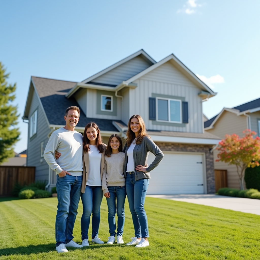 Glückliche Familie steht vor modernem Einfamilienhaus mit gepflegtem Vorgarten und blauem Himmel im Hintergrund