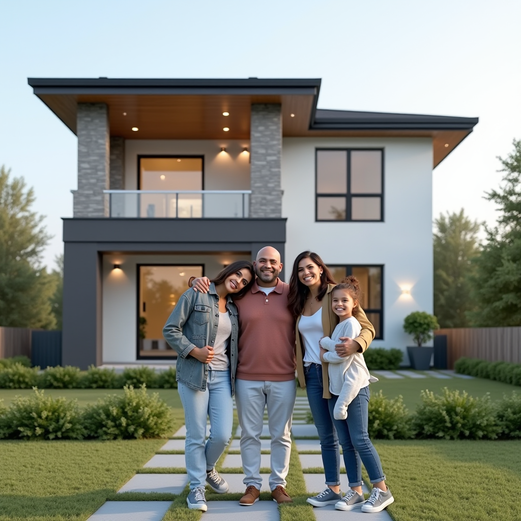 Moderne Hausfassade mit glücklicher Familie davor stehend, repräsentiert Eigenheimfinanzierung und Hypothekenlösungen für Erstkäufer und Investoren