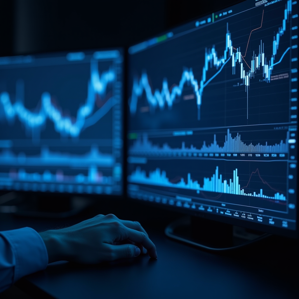 Detaillierte Finanzdiagramme und Währungscharts auf mehreren Bildschirmen, die komplexe Währungsderivate, Hedging-Strategien und internationale Marktanalysen zeigen, professionelle Trading-Umgebung mit blauen und weißen Farbtönen