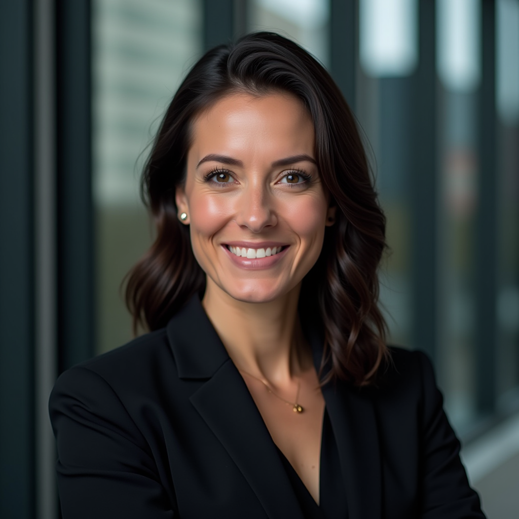 Professionelles Führungskräfte-Porträt von Marina Petrov, Head of Institutional Currency Operations bei 7orca, in formeller Geschäftskleidung, vor Finanzdistrikt-Hintergrund, kompetenter und freundlicher Ausdruck