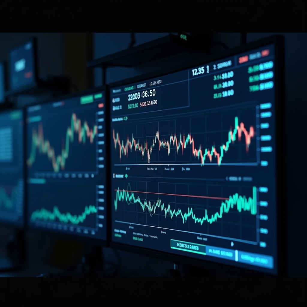 Detailliertes Dashboard mit Währungsanalysen, zeigt Echtzeit-Wechselkurse, Volatilitätsindikatoren, Liquiditätsmetriken und Risikoanalysen für verschiedene Währungspaare auf mehreren Monitoren