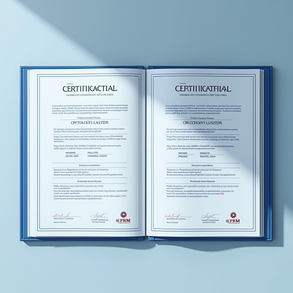 Professionelle Darstellung von Finanzqualifikationen und Zertifizierungen mit CFP und FRM Logos, akademischen Auszeichnungen und Weiterbildungszertifikaten in elegantem blau-weißem Design