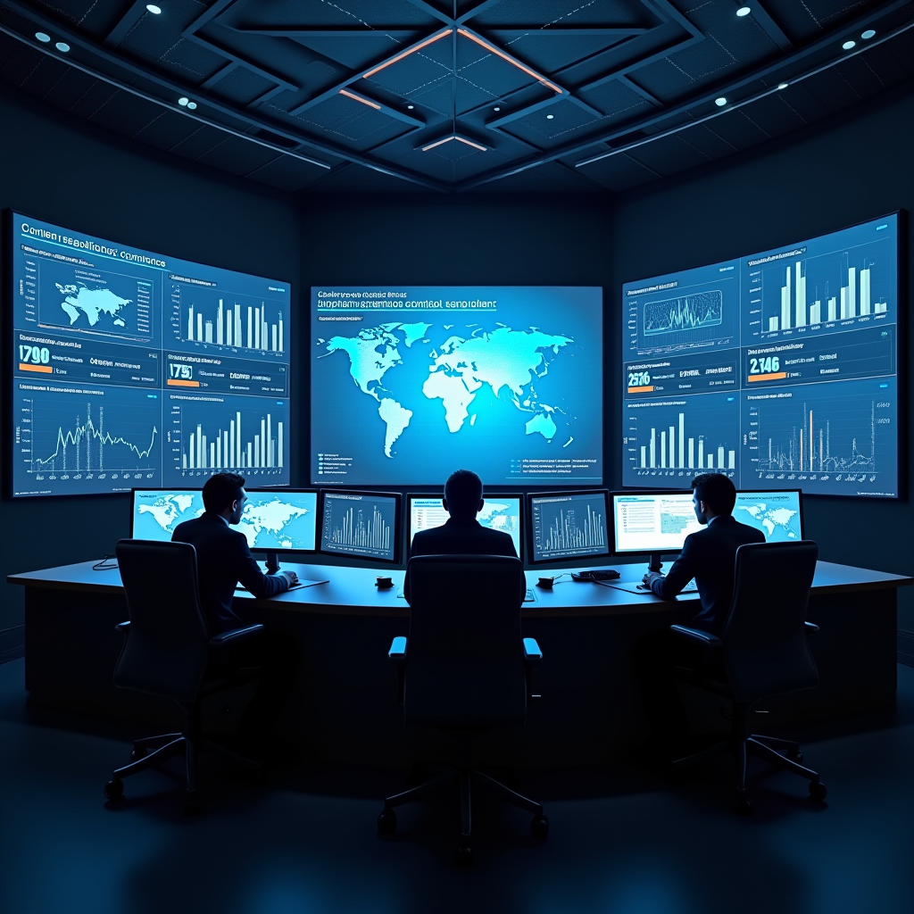 Hochmoderner Compliance-Kontrollraum mit Überwachungssystemen für regulatorische Anforderungen, Risikomanagement-Dashboards und Basel III Compliance-Metriken auf großen Bildschirmen