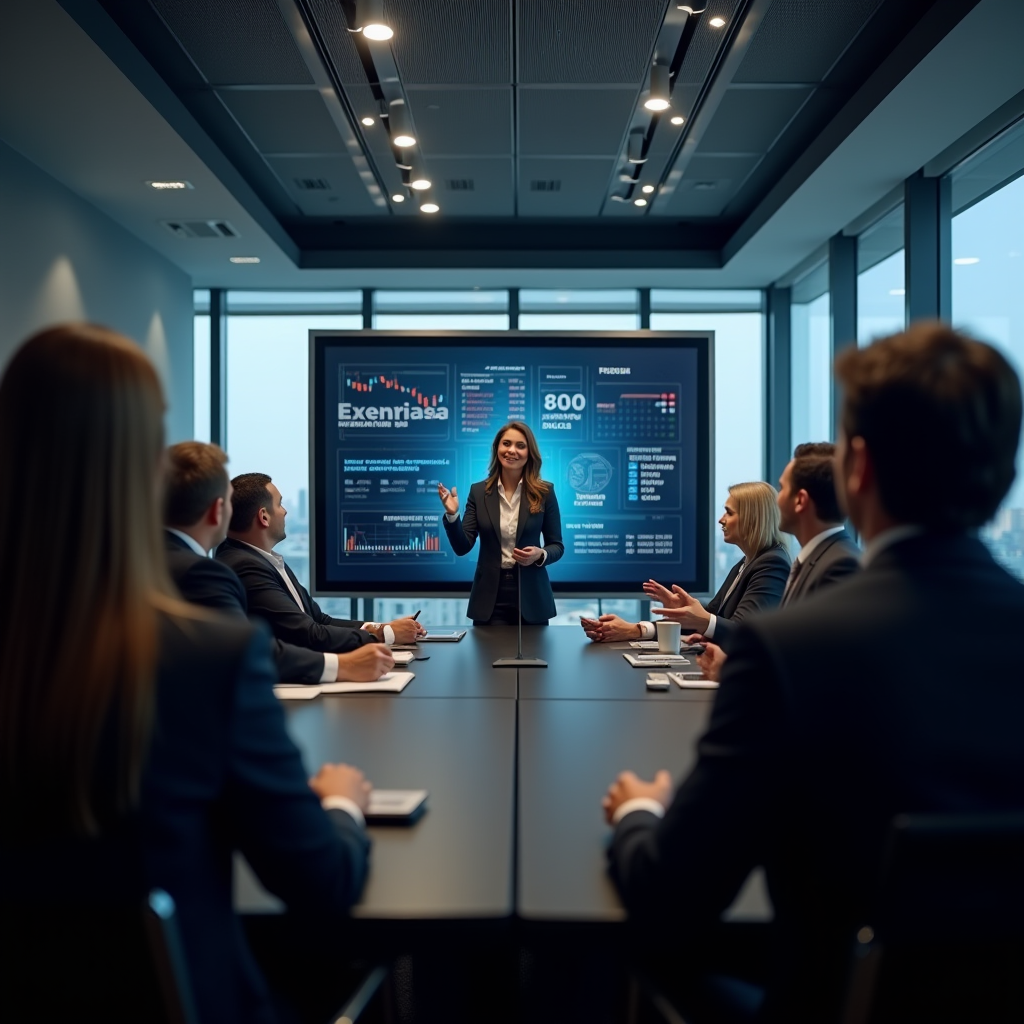 Professionelles Teammeeting in modernem Konferenzraum, Marina Petrov präsentiert Währungsstrategien vor ihrem 25-köpfigen Operations-Team, interaktive Präsentation auf großem Bildschirm